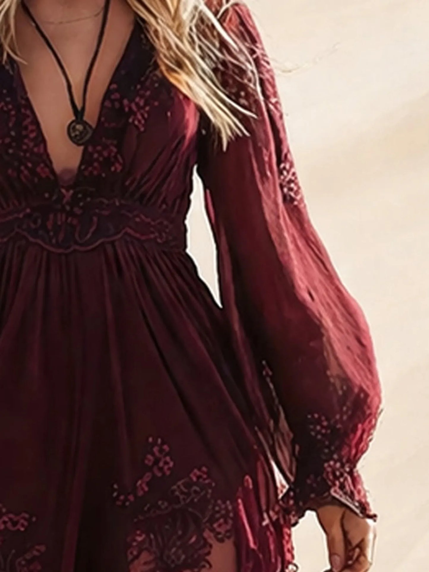 Ideal For Western Wedding Or Road Trip — Burgundy Embroidered Lace V-Neck Chiffon Boho Long Sleeve Maxi Dress