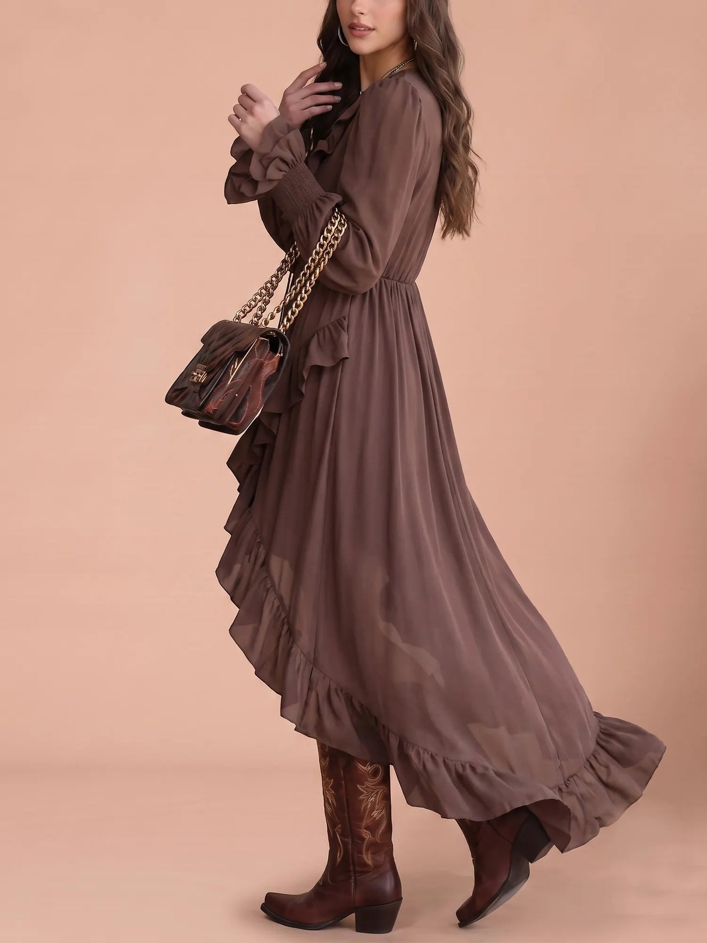 Dark Brown Plunge V-Neck Cascading Ruffle High-Low Chiffon Maxi Dress