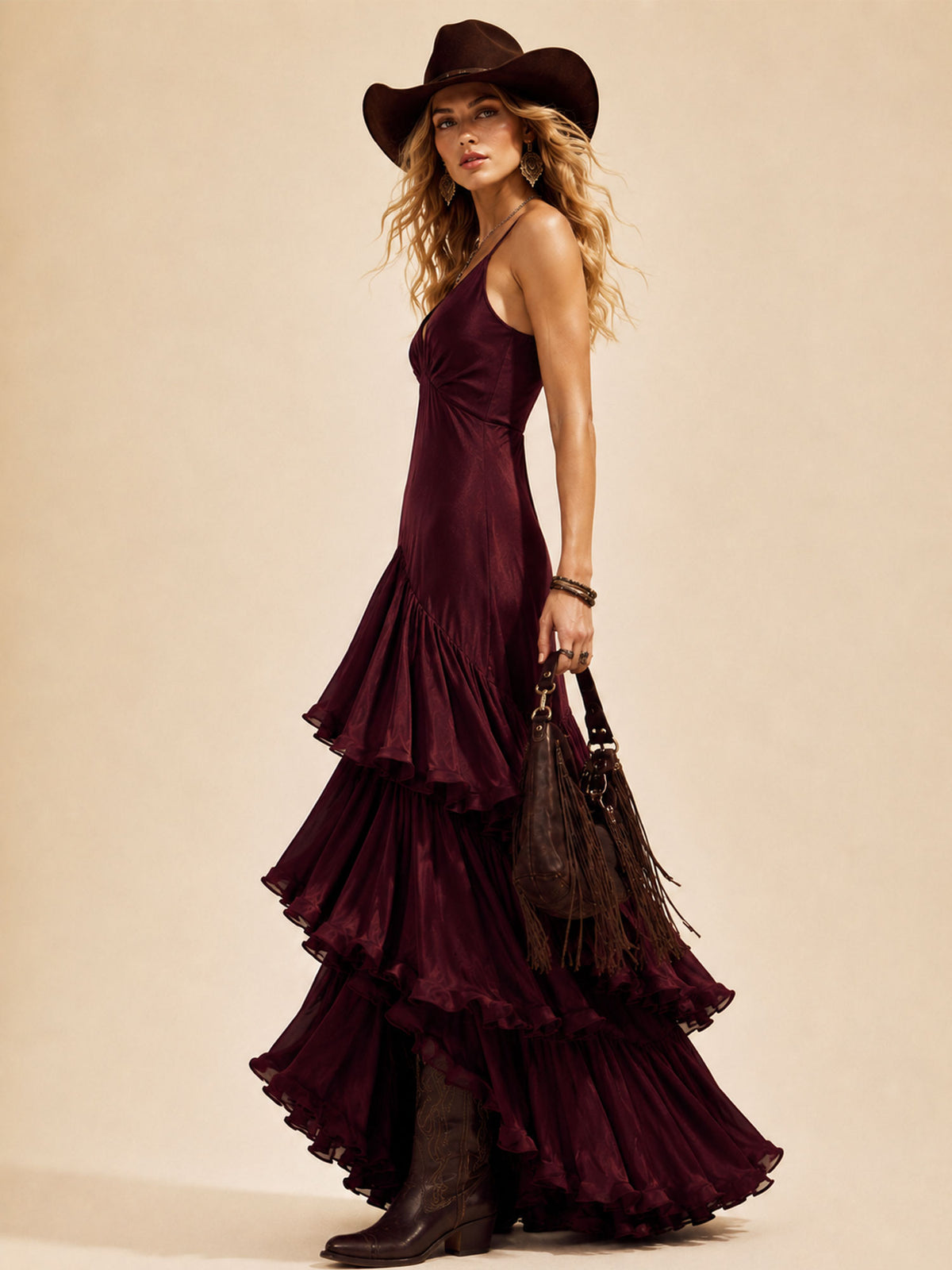 Perfect for Upscale Ranch Dinner — Deep Burgundy, Elegant V-Neck and Layered Hem, 2026 Spring/Autumn Women's Boho Chic Maxi Dress