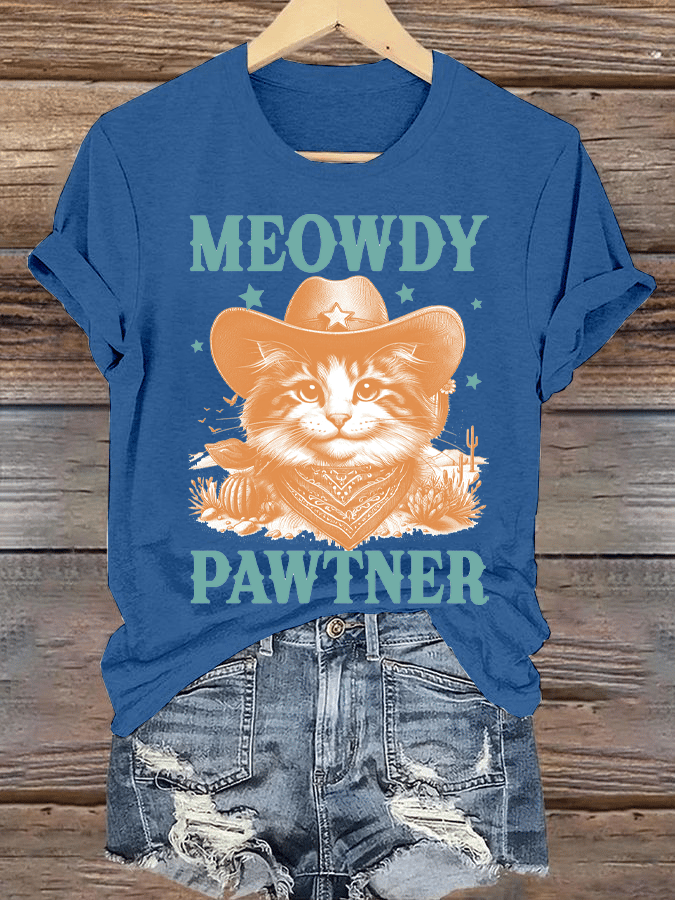 Women's Western Style Retro Cowboy Cat Printed Round Neck Short Sleeve T-Shirt