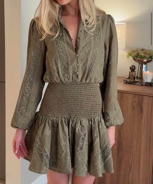 Olive-green Floral Lace Mini Dress