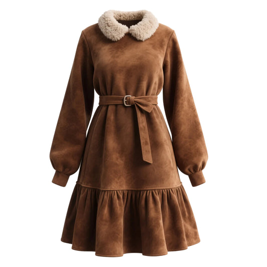 Outdoor Retro Western Style Women's Suede Long Sleeve Fur Collar Dress