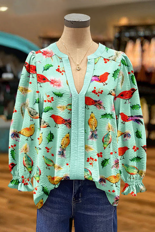 Pretty Yuletide Bouquet Birds Holly Mint Print Puff Sleeve Top