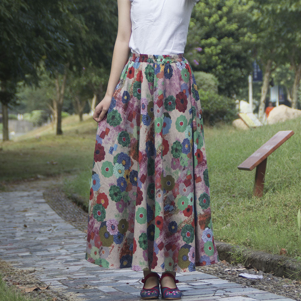 Cotton and linen printed maxi skirt | Retro ethnic style elastic waist midi skirt
