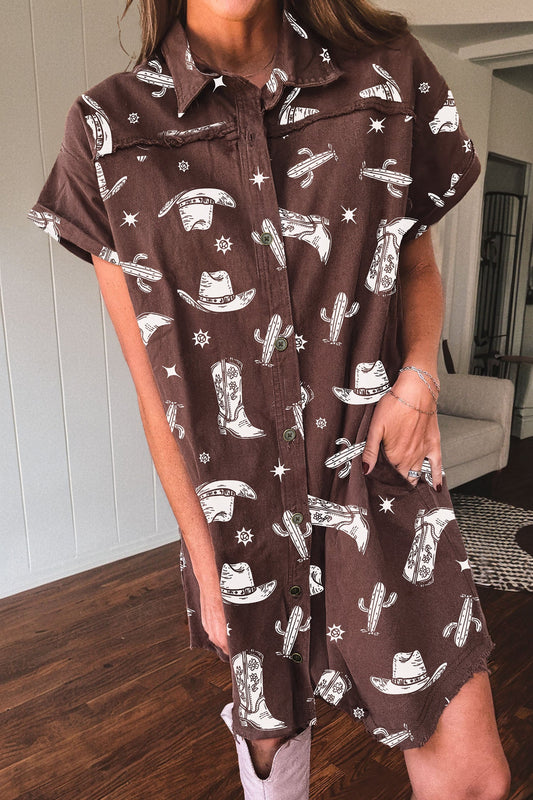 Brown Cowgirl Hats Boots Cactus Print Raw Edge Button Down Short Denim Dress