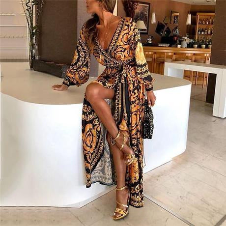 Boho Vintage Print V Neck Tie Waist Slit Maxi Dress