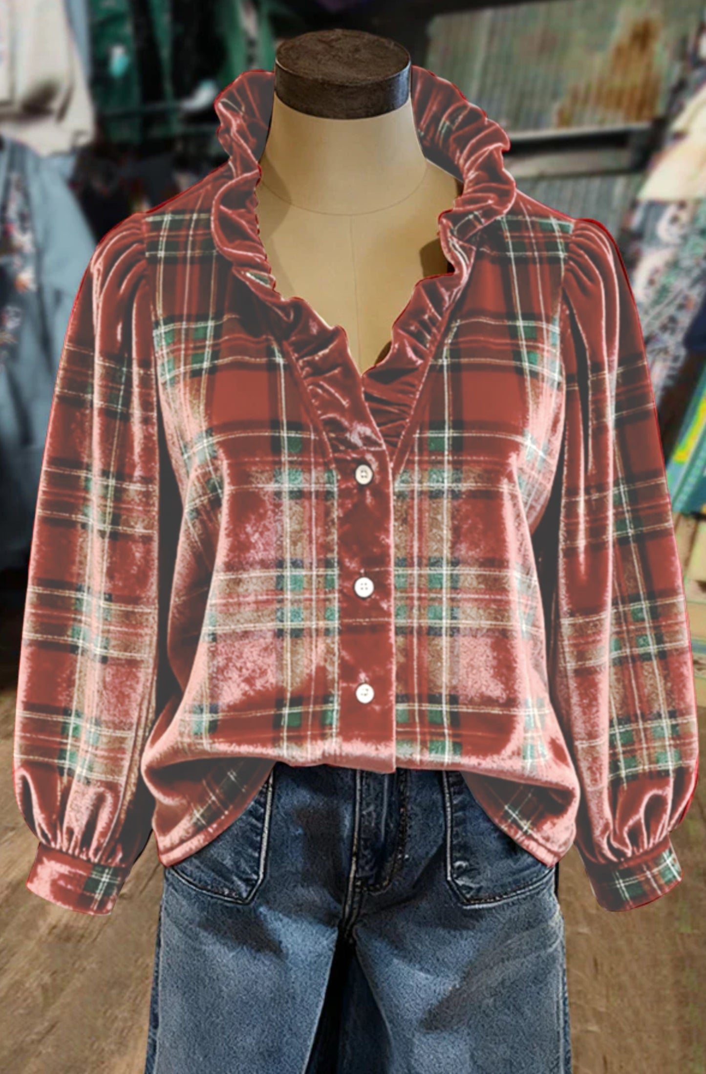 Plaid Ruffle Neck Velvet Holiday Top