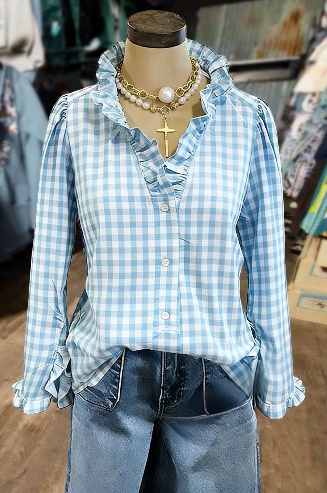 Casual Gingham Print Ruffle Neck Blouse