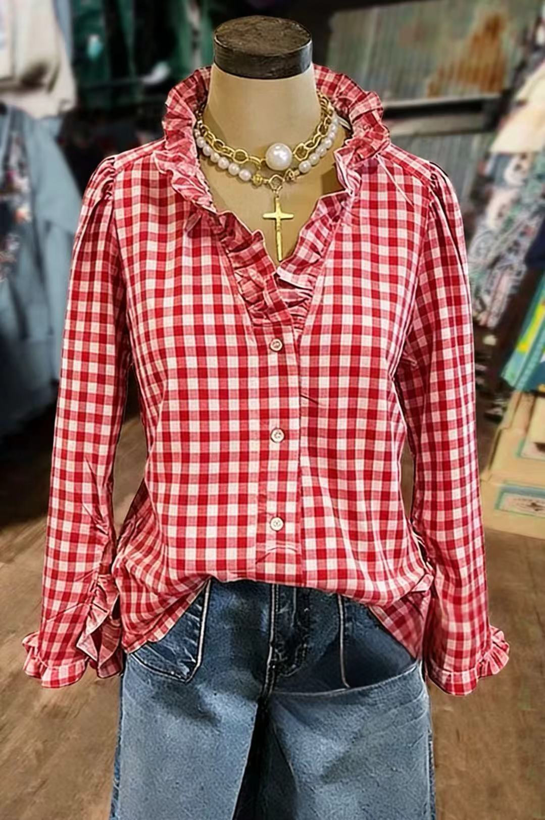 Casual Gingham Print Ruffle Neck Blouse