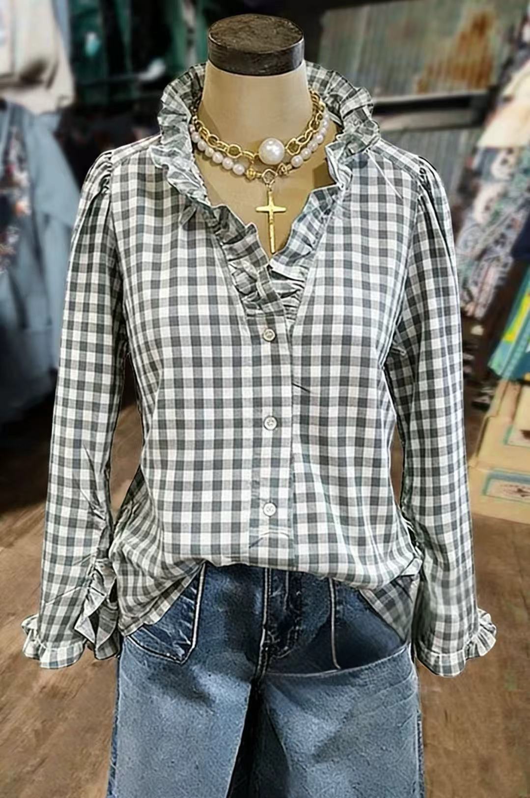 Casual Gingham Print Ruffle Neck Blouse
