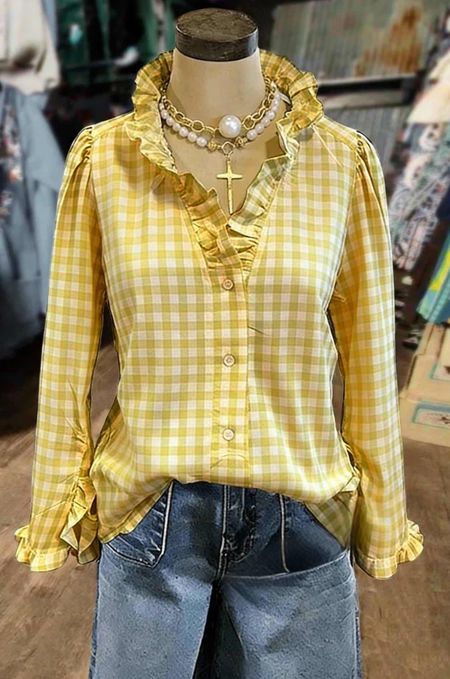 Casual Gingham Print Ruffle Neck Blouse