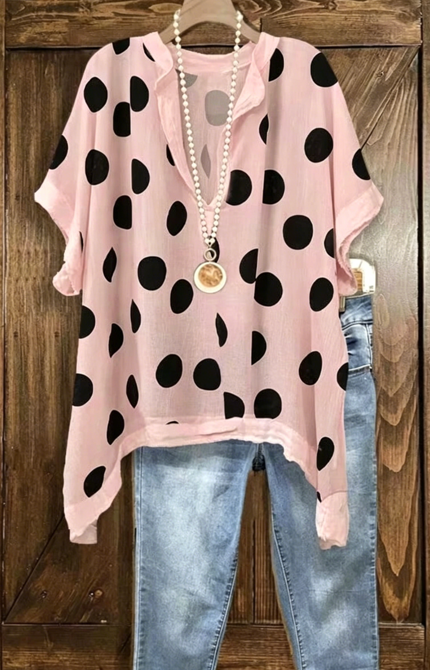 Women's summer new short-sleeved big polka-dot V-neck T-shirt top