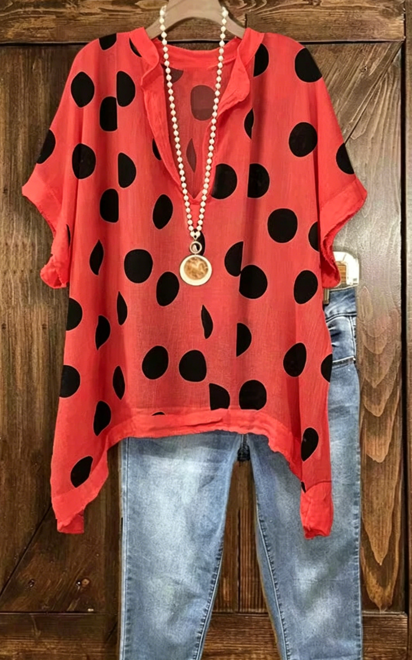 Women's summer new short-sleeved big polka-dot V-neck T-shirt top