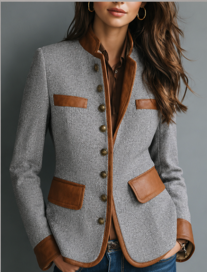 Vintage Eco-Leather Trim Pocket Tweed Jacket