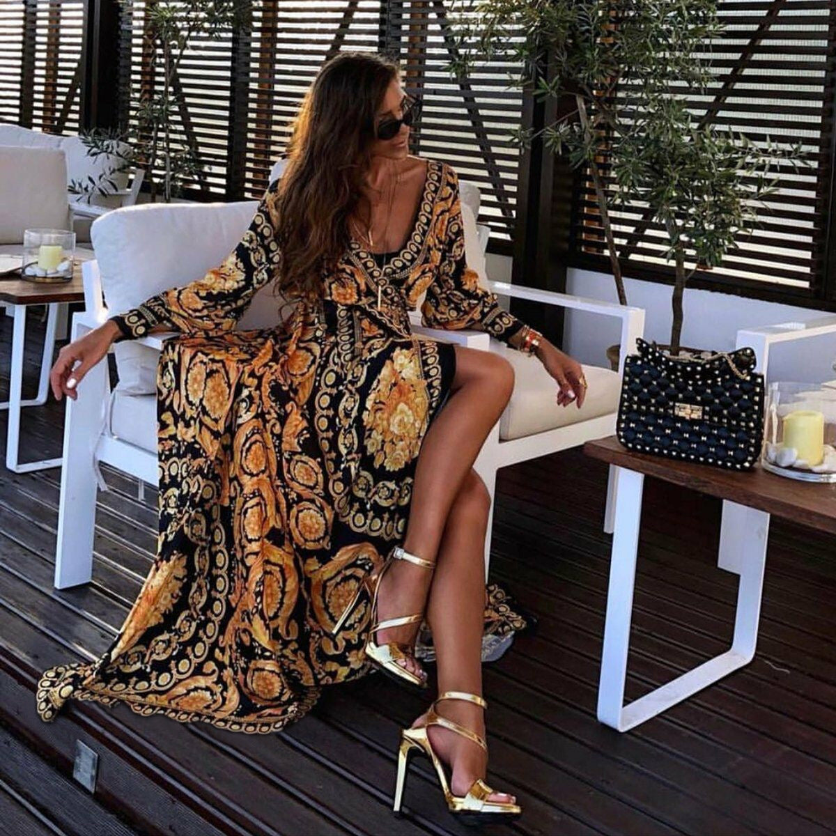 Boho Vintage Print V Neck Tie Waist Slit Maxi Dress
