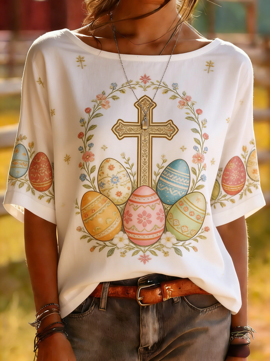 White Easter Cross and Eggs Floral Wreath Print Top - Religious Holiday Tee