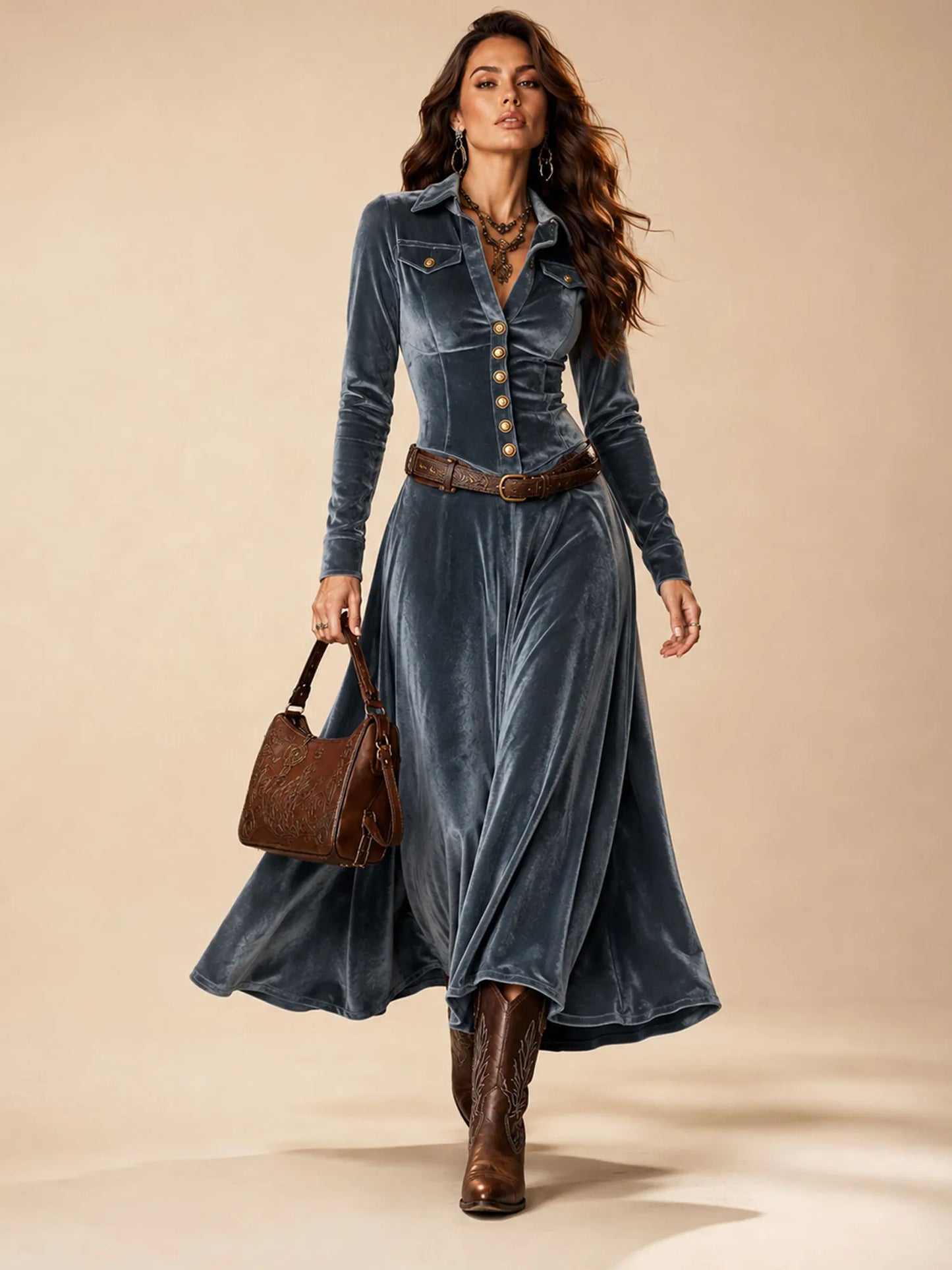 Blue-Grey Vintage Cinched, Velvet Texture, Slim Fit Maxi Dress(No Belt)