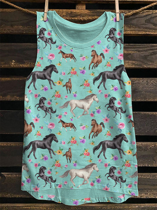 Horses and Flowers Pattern Casual Vintage Tank Top