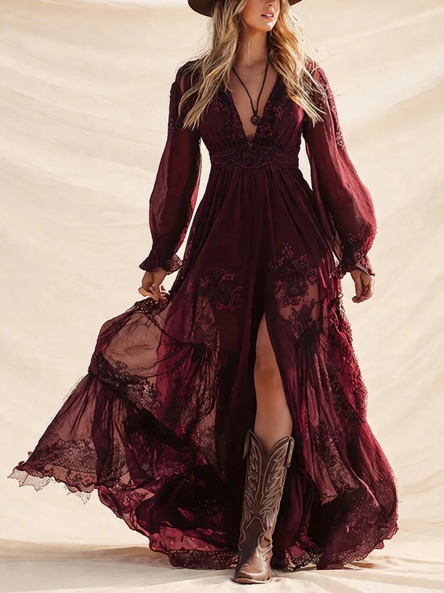 Ideal For Western Wedding Or Road Trip — Burgundy Embroidered Lace V-Neck Chiffon Boho Long Sleeve Maxi Dress