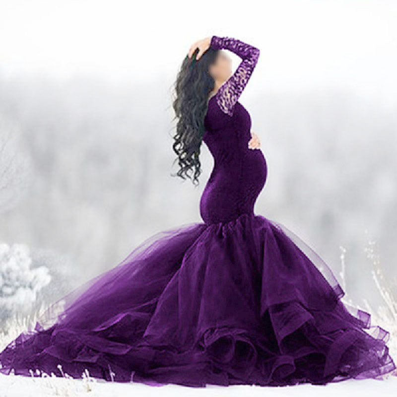 Boho Off Shoulder Lace Tulle Mermaid Train Maternity Photoshoot Gown