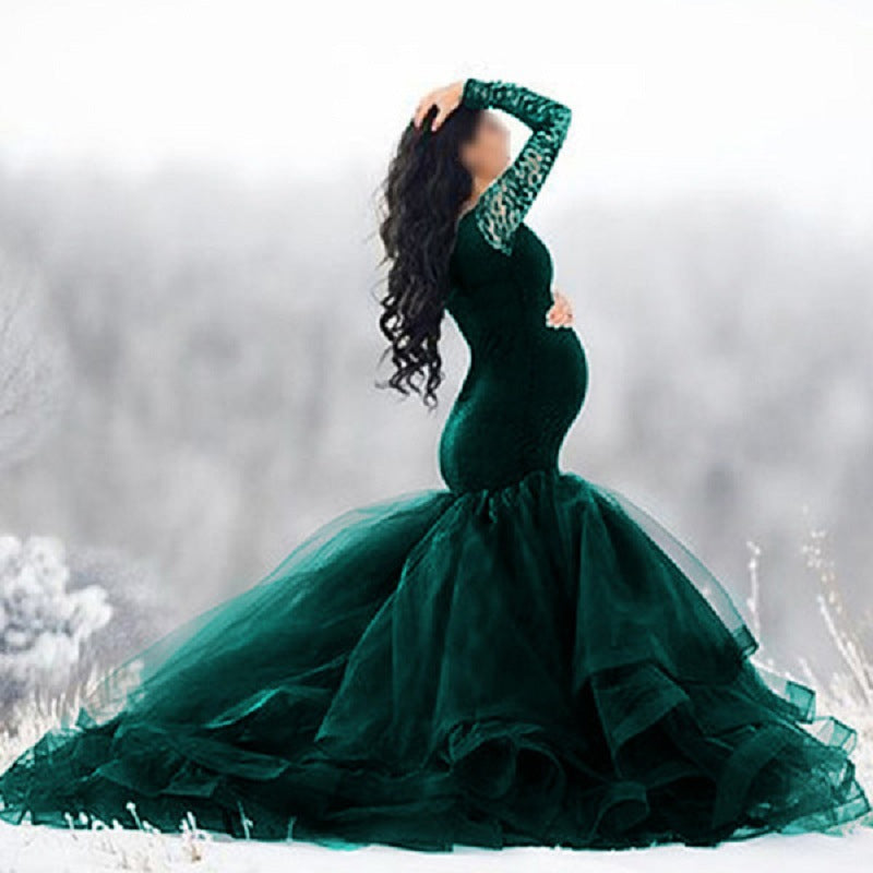 Boho Off Shoulder Lace Tulle Mermaid Train Maternity Photoshoot Gown