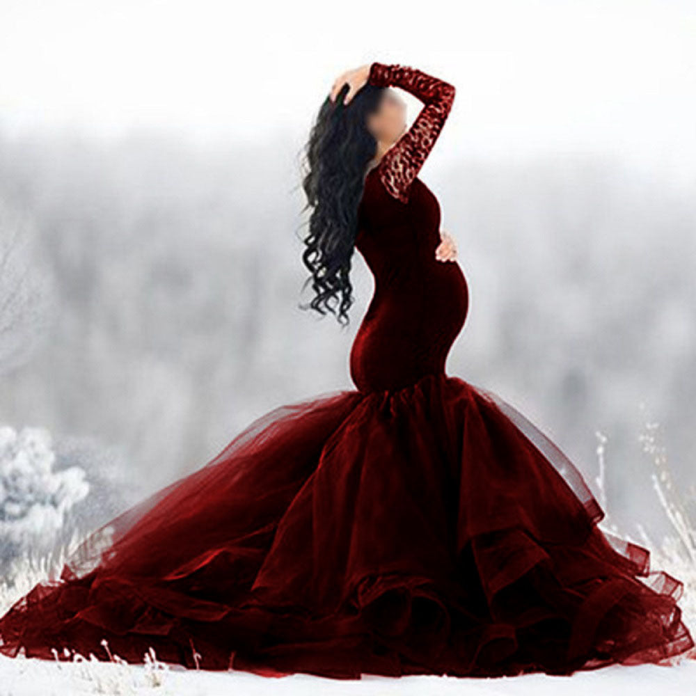 Boho Off Shoulder Lace Tulle Mermaid Train Maternity Photoshoot Gown