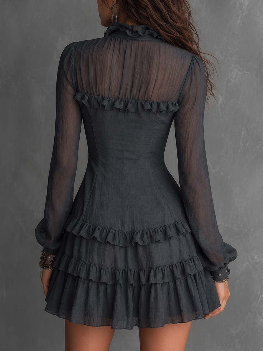 Boho Zip Front Ruffle Trim Sheer Long Sleeve Tiered Mini Dress