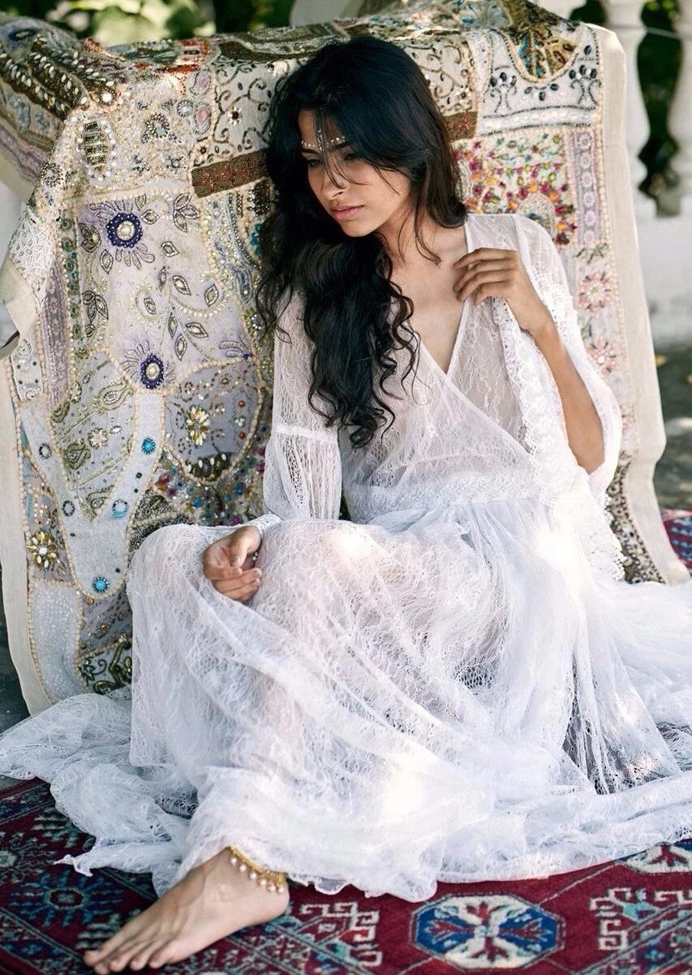 Bohemian Lace Sheer Bell Sleeve Tiered Maxi Wedding Dress