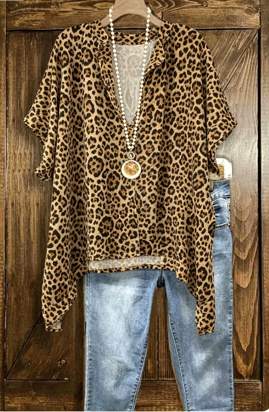 Leopard Print Loose V-Neck Batwing Sleeve Top