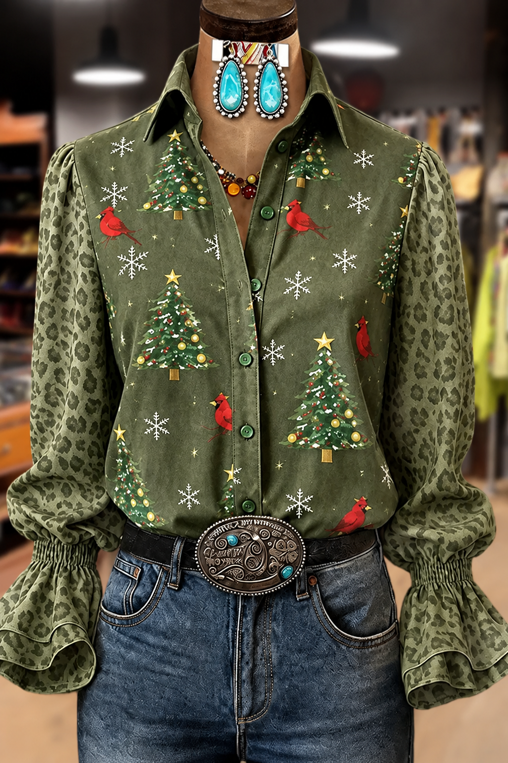 Christmas Tree Print Leopard Bell Sleeve Blouse