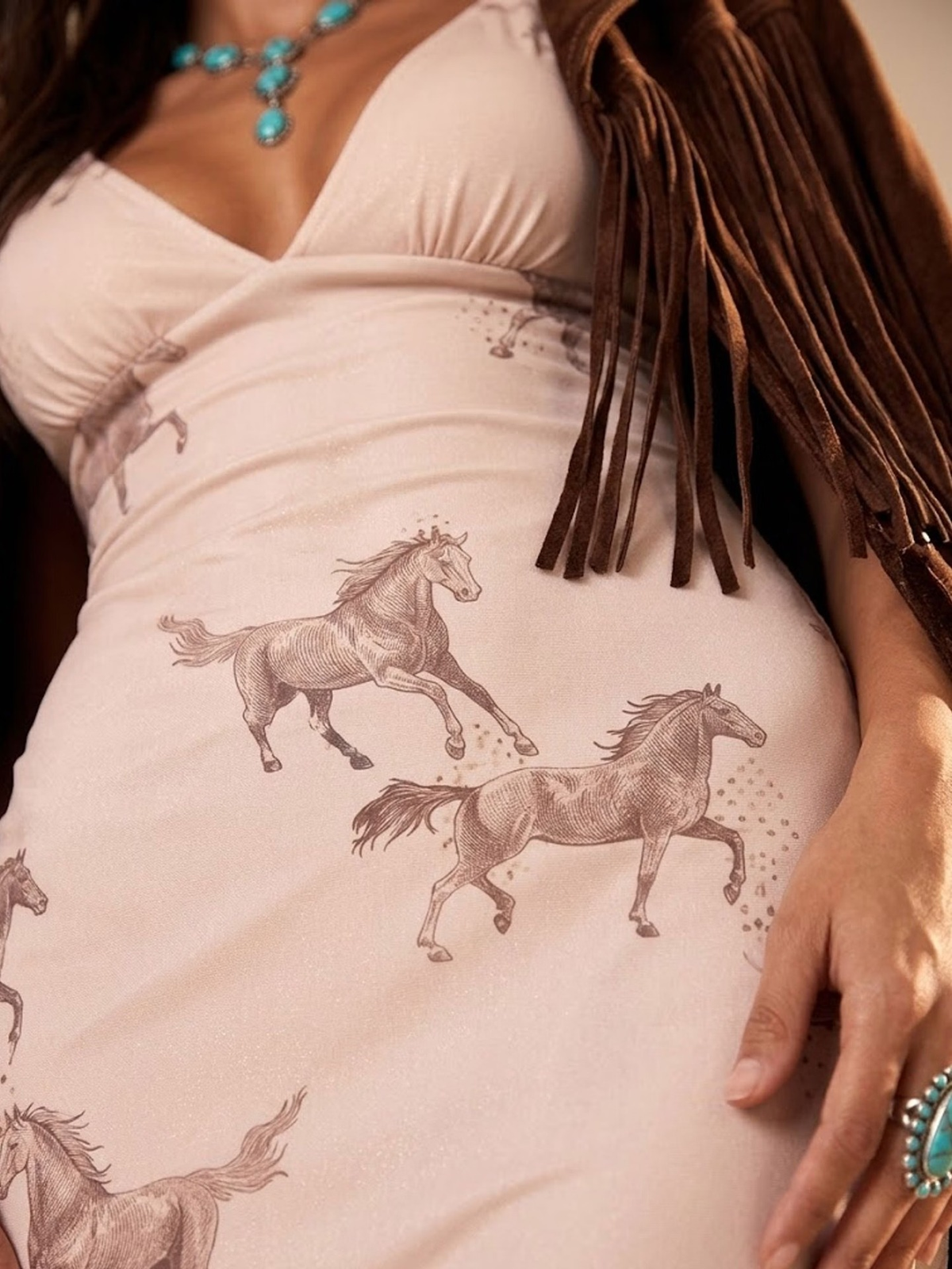 Cream Horse Print V-Neck Maxi Dress