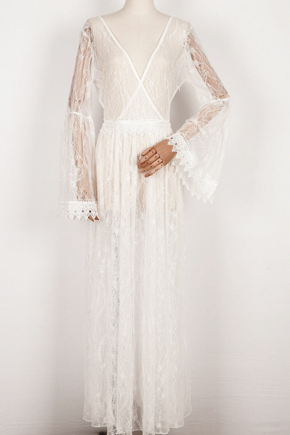 Bohemian Lace Sheer Bell Sleeve Tiered Maxi Wedding Dress