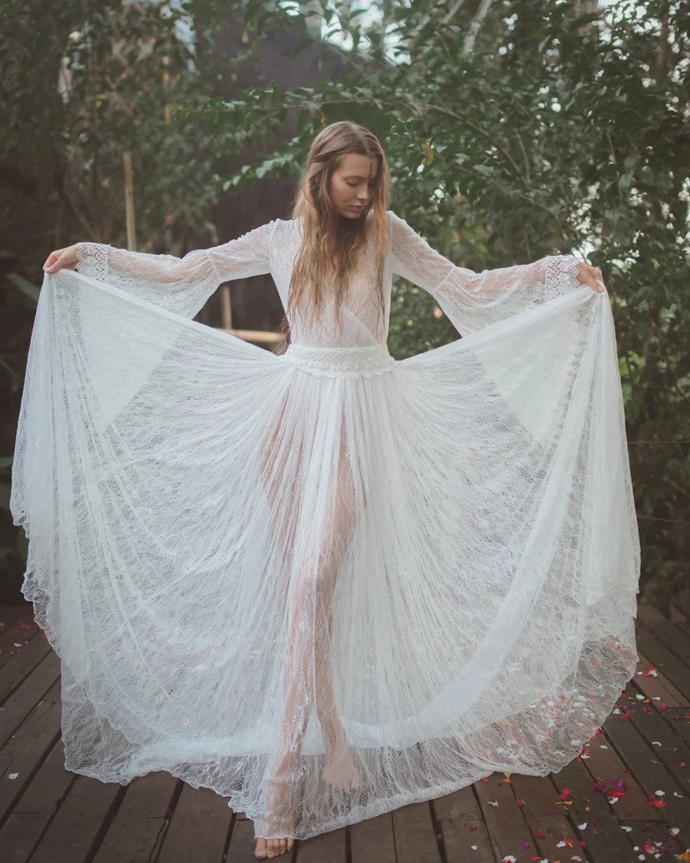 Bohemian Lace Sheer Bell Sleeve Tiered Maxi Wedding Dress