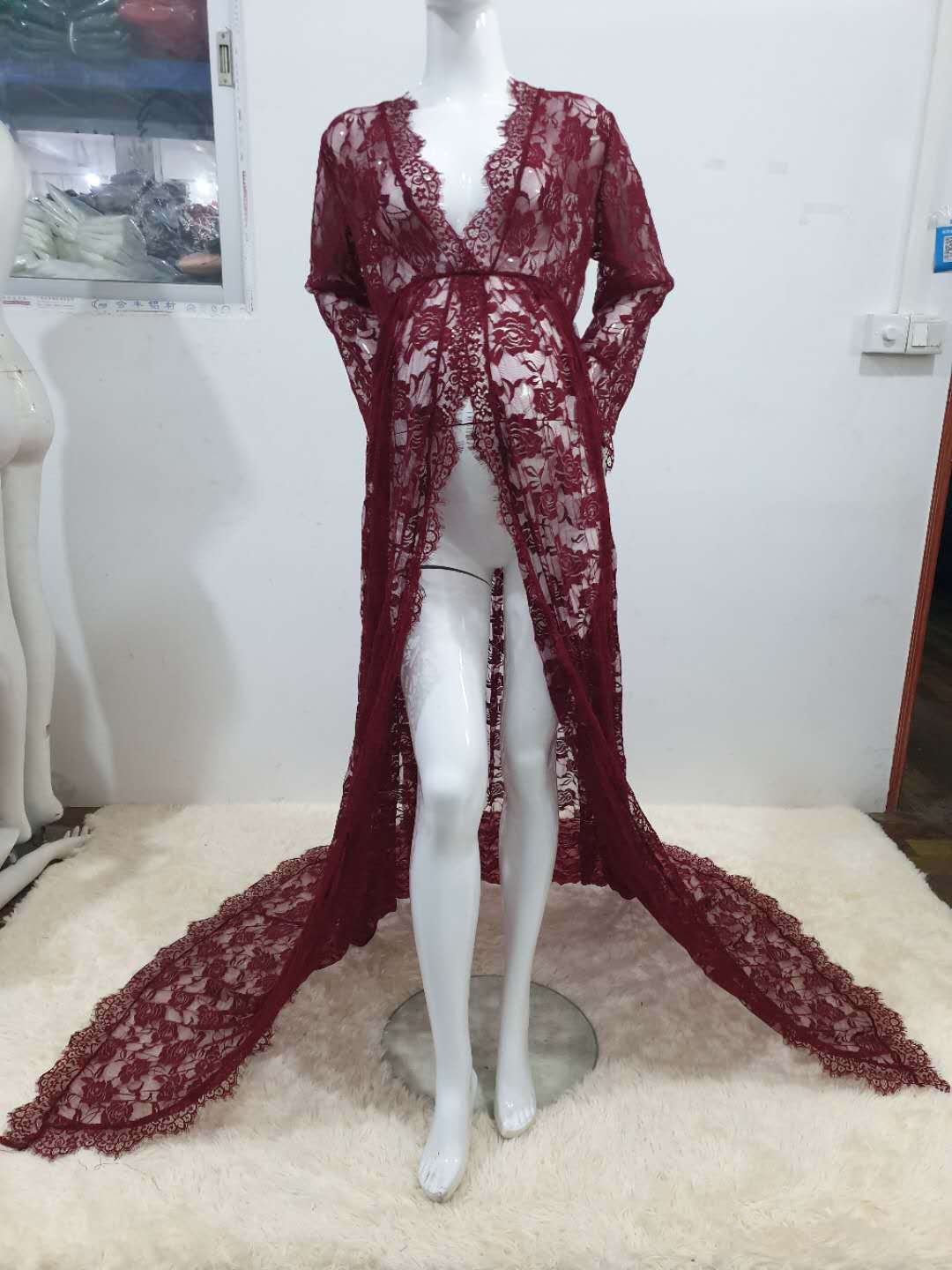 Maternity Photo Shoot Lace Sheer Open Front Maxi Robe