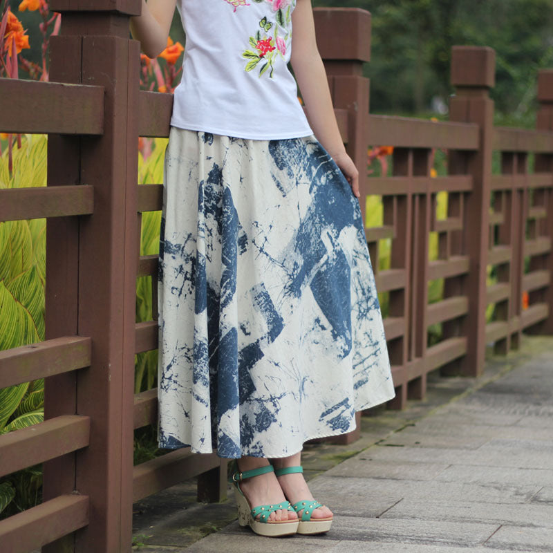 Cotton and linen printed maxi skirt | Retro ethnic style elastic waist midi skirt