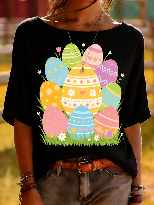 Black Easter Egg Garden Print Top - Spring Holiday Tee