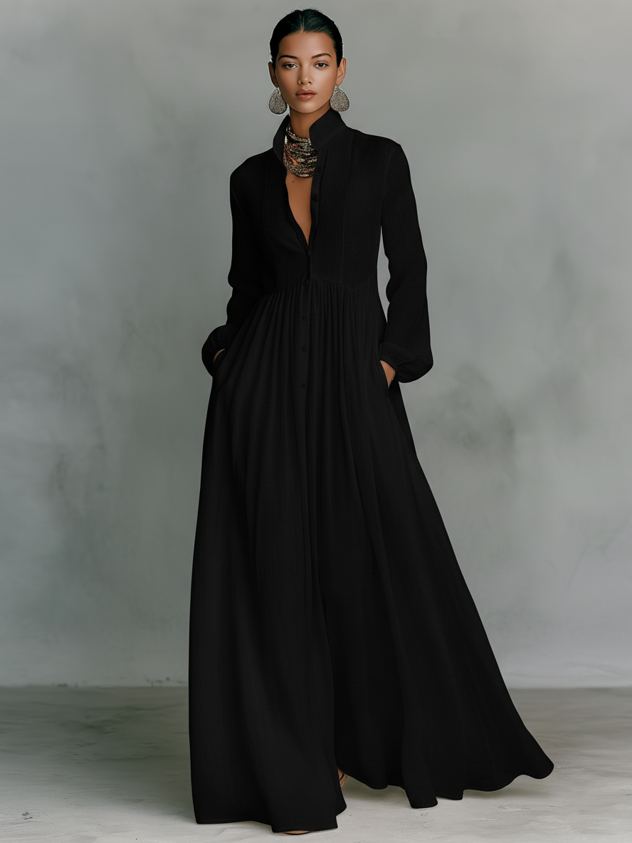 Women's Minimalist Tencel And Linen Patchwork Single-breasted Stand-up Collar Long-sleeved Maxi Dress