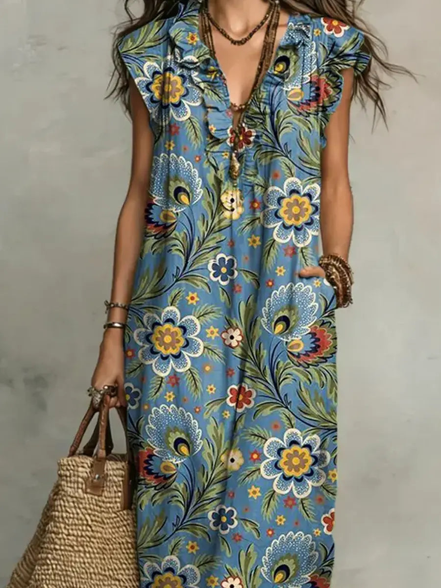Women's Retro Floral Pattern Art Print Casual Ruffled Stylish Dress