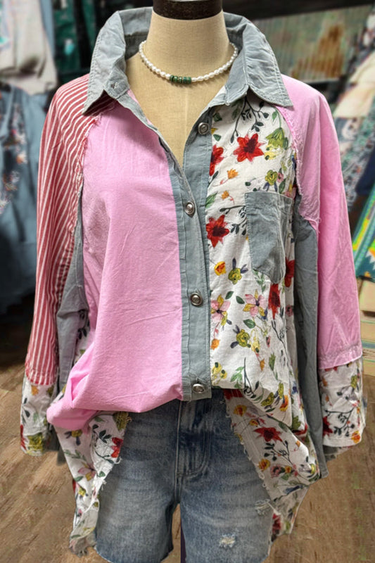 Mixed Floral Print Button Down Blouse