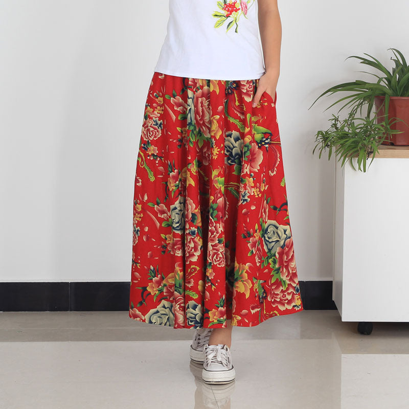 Cotton and linen printed maxi skirt | Retro ethnic style elastic waist midi skirt