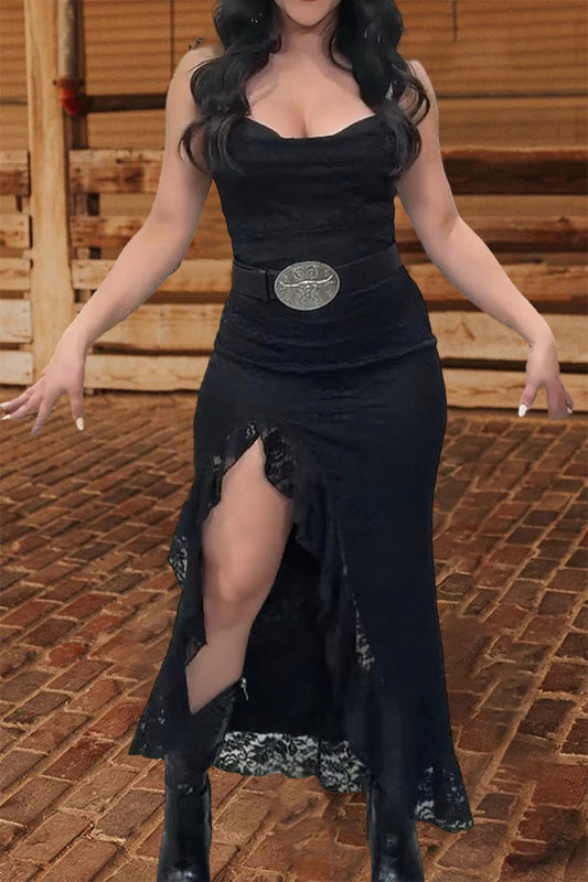 Pretty Lace Ruffled Slit Dress