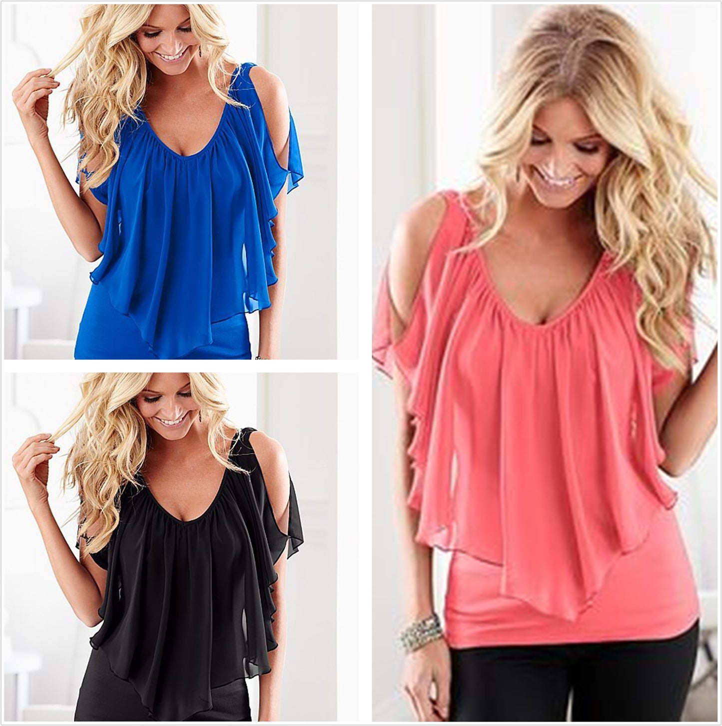 Boho V-Neck Cold Shoulder Ruffle Chiffon Top