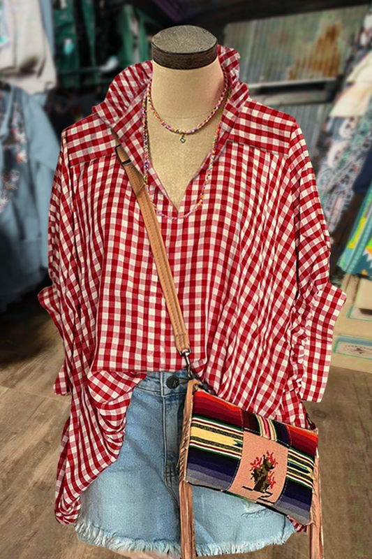 Casual Plaid Ruffle V-Neck Oversized Shirt