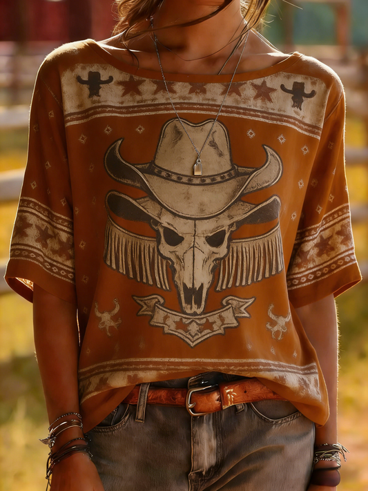 Western Bull Skull Cowboy Hat Print Top - Vintage Tribal Tee