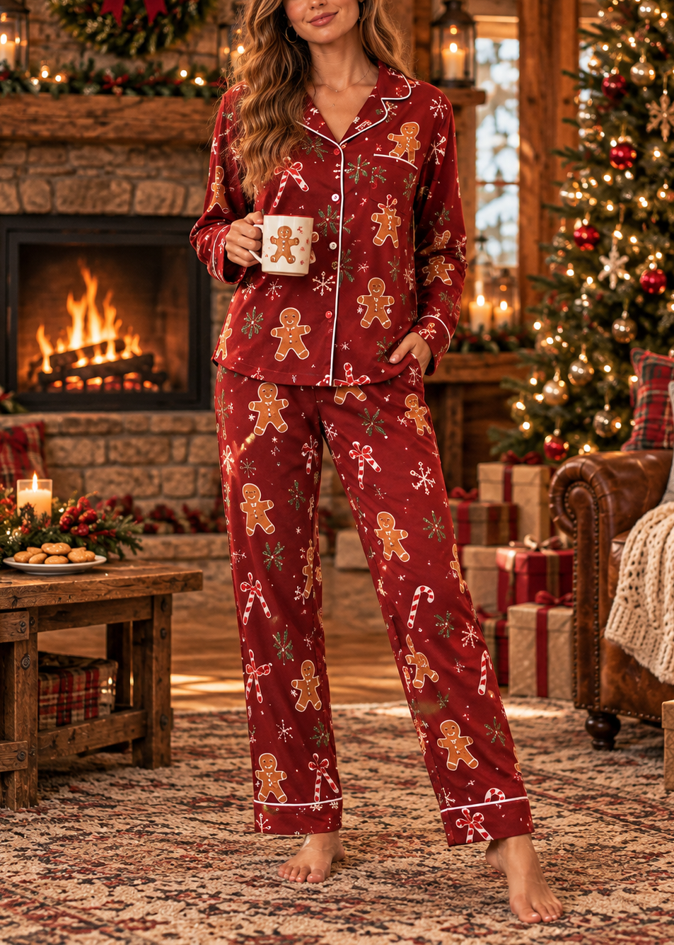 Women's Christmas Gingerbread Man Candy Cane Long Sleeve Pants Suit