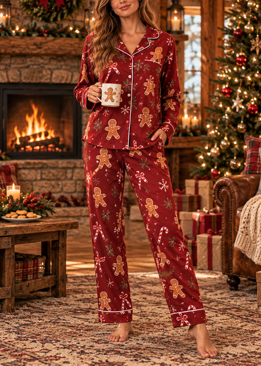 Women's Christmas Gingerbread Man Candy Cane Long Sleeve Pants Suit