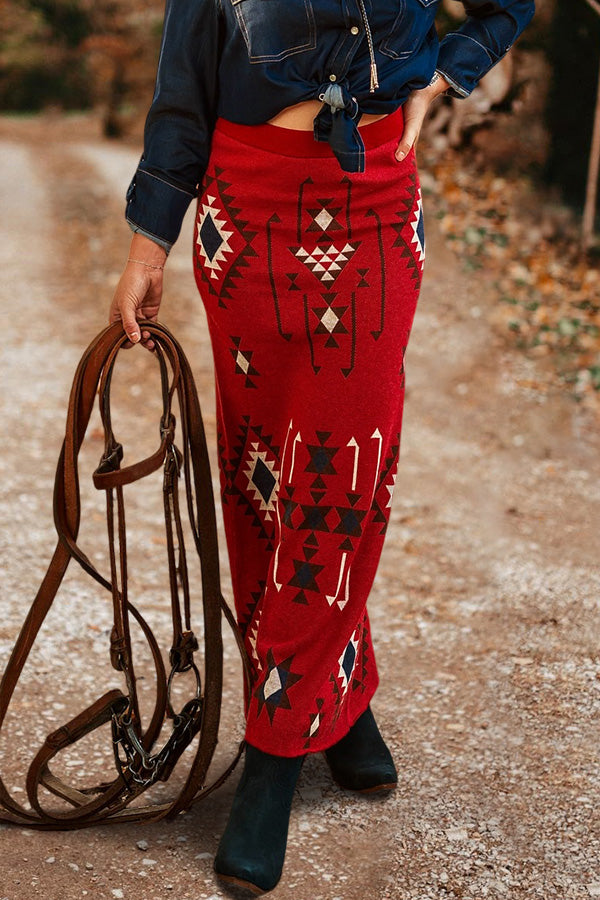 Retro Western Aztec Print Knit Maxi Skirt