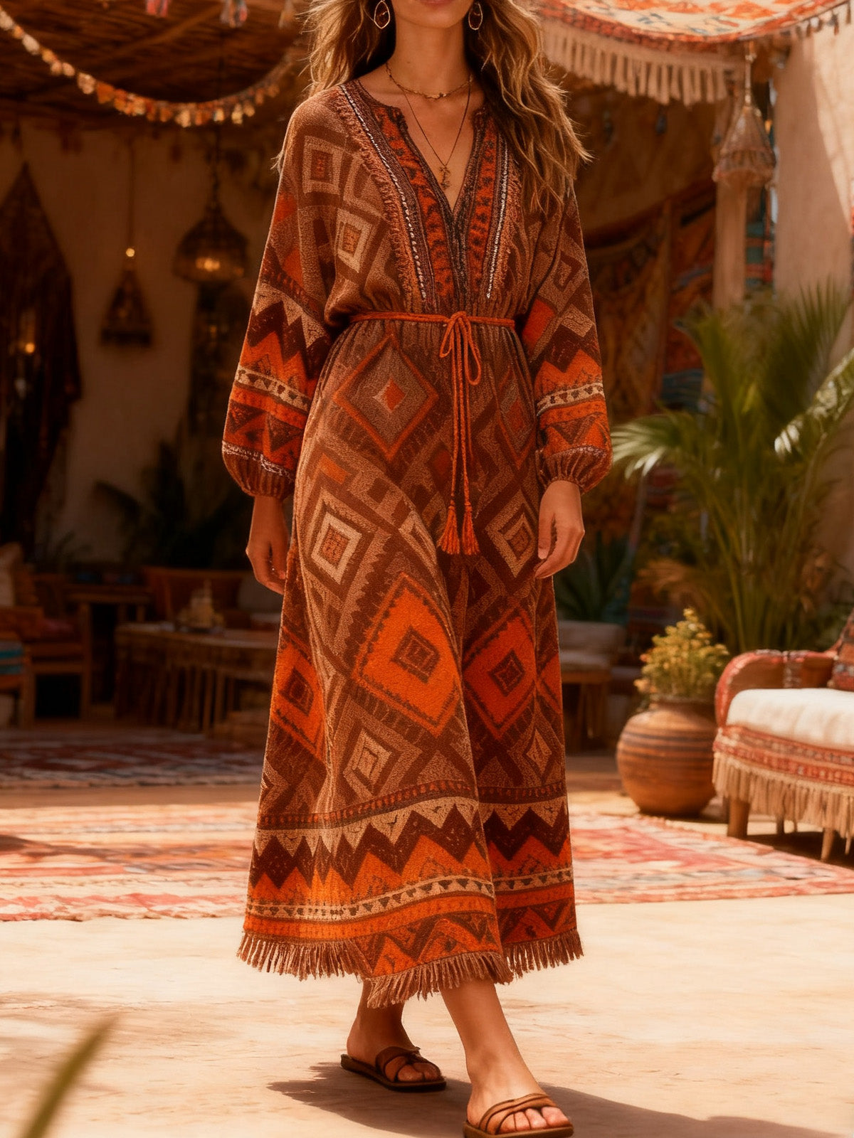 Women's Boho V-Neck Tassel Maxi Dress