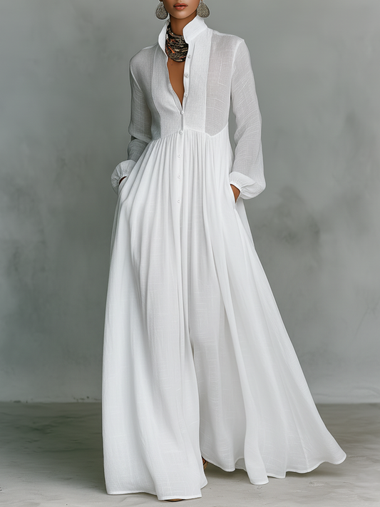 Women's Minimalist Tencel And Linen Patchwork Single-breasted Stand-up Collar Long-sleeved Maxi Dress