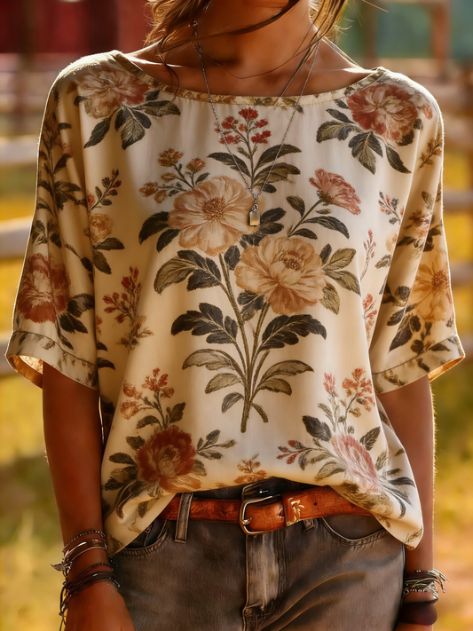 Beige Vintage Botanical Floral Print Top - Romantic Garden Tee